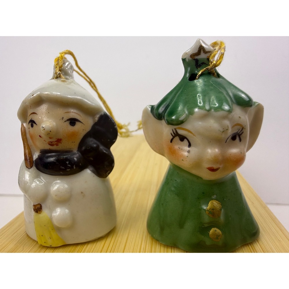 Vintage Japan Porcelain Commodore Snowman and Elf Pixie 1950's Christmas MCM